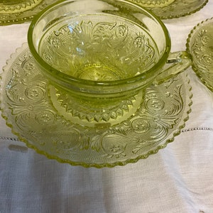 Vintage Uranium Glass Cups with Saucers Set of 6 Cups & 6 Saucers
