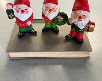 Vtg set of 3 Ceramic Christmas Elfs or Gnome Figurines- handpainted- made in Taiwan-90s
