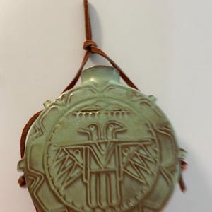 Vtg Frankoma Pottery Thunderbird Art Canteen Jug Leather Cord,green/ brown tone,#59
