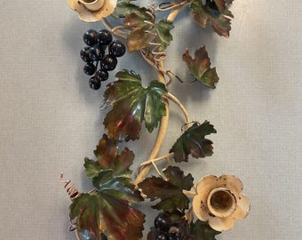 Vtg Italian hand painted grape vine Tole Metal 2 flower Candle Holder/ table centerpiece