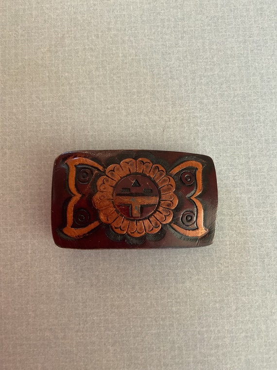 Vtg 80s Brown Tooled Leather Belt Buckle Sunface Sun  display picture 1