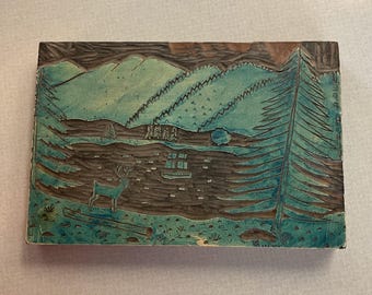 Vtg Grumbacher Forest with deer scene carved wood/ wall decor/ stamp press / wall press