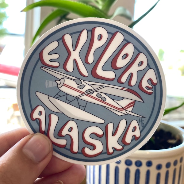 Explore Alaska Bush Plane, Small Plane Vinyl Waterproof Sticker, Travel Sticker, Nature Sticker, for Laptop, Water Bottle, or Car