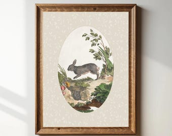 May include: A framed print featuring a watercolor illustration of a rabbit in an oval frame. The rabbit is gray and is running through a landscape with greenery and flowers. The background has a beige pattern. The frame is made of wood. The text "ALIGN SEVEN" is at the bottom.