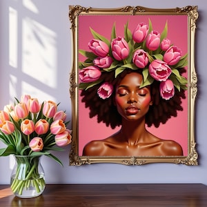 Afrocentric Goddess Floral Crown Art: Black Woman with Tulips (Digital Download)