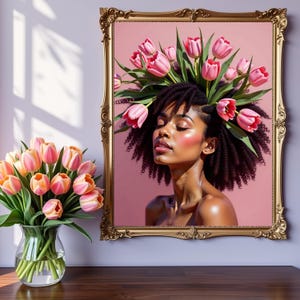 Black Goddess with Pink Tulips Art: Afrocentric Woman Printable (Digital Download)