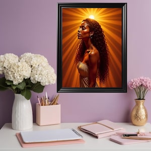 Afro Woman in Golden Glow Wall Art, Radiant Black Girl Magic Afrocentric Queen Digital Download, Spiritual Feminine Printable Decor