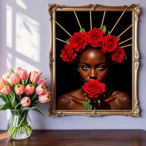 Black Goddess with Red Roses Art: Afrocentric Woman Portrait (Digital Download)