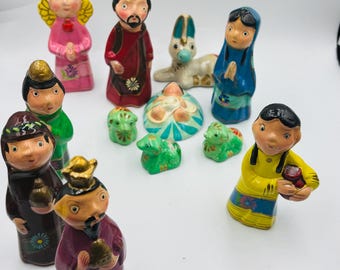 Vintage Mexican Folk Art Nativity Figurines, Signed F.N. Talavera, 12 Piece Set