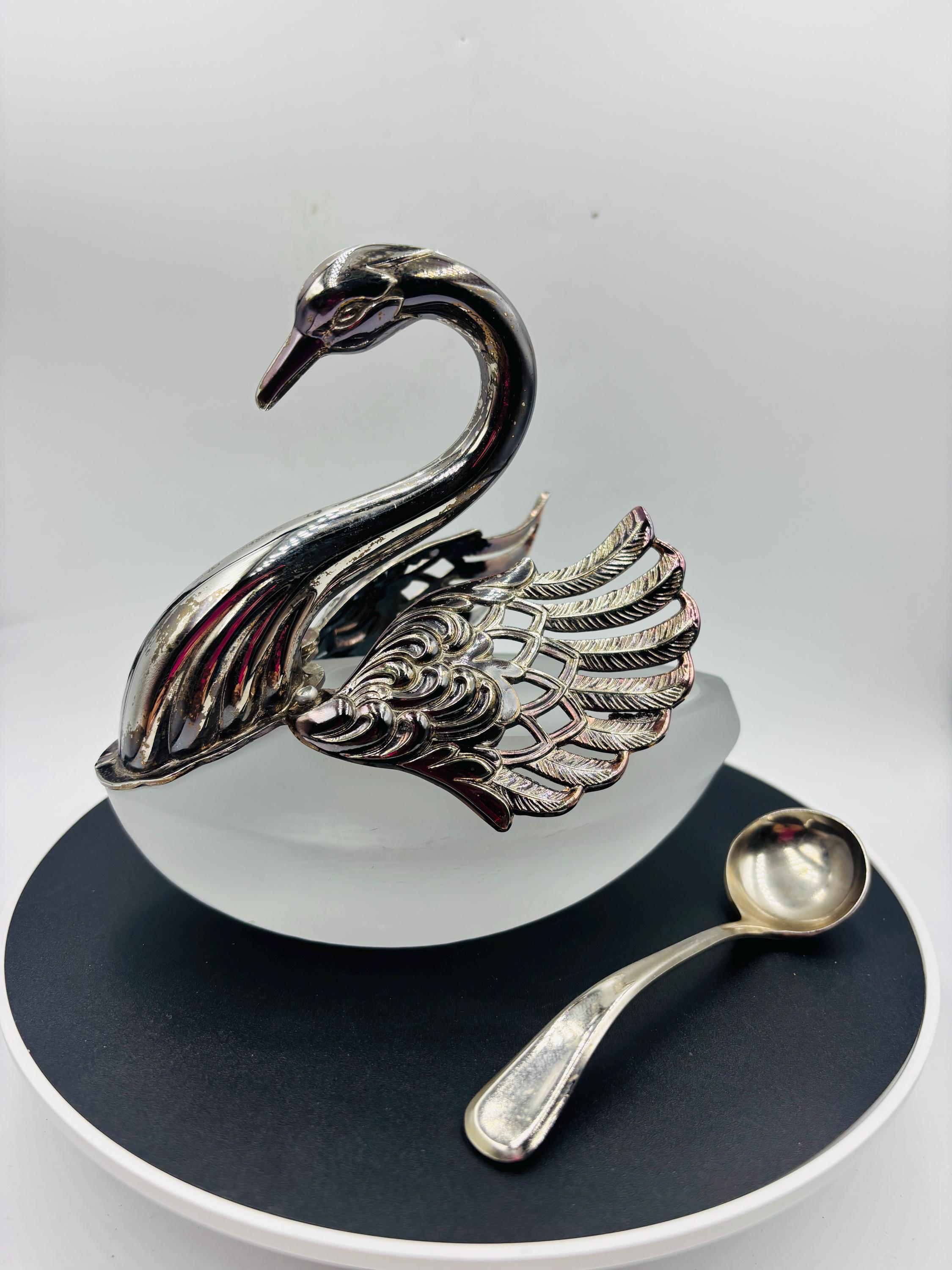 Vintage Swan Covered Dish With Spoon- Frosted Glass Silvertone