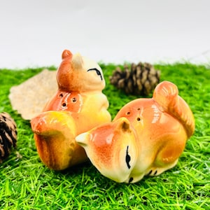 May include: A pair of ceramic squirrel salt and pepper shakers. The squirrels are orange and yellow with black eyes and small holes on their backs. They are set on a bed of green grass.