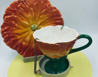 Vintage Teleflora Pumpkin Tea  cup with flower dish shape