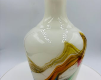 Vintage Dalian White Cased Glass Vase With Colour Decoration