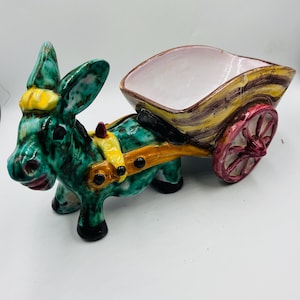 Vintage Italian Pottery Donkey and Cart Planter. Turquoise ceramic donkey
