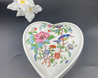 Vintage Aynsley China Pembroke Heart Shaped Trinket Box with a bird and flower.