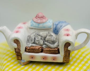 Vintage Single Cup Teapot Collectible Decorative Dog Sleeping On  girlie Couch.