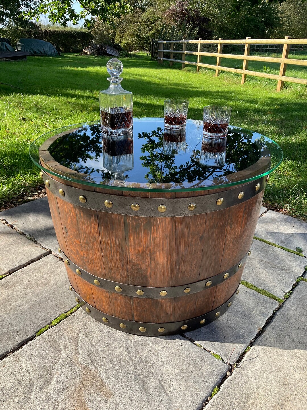 Round Oak Whiskey Barrel Coffee Table Etsy