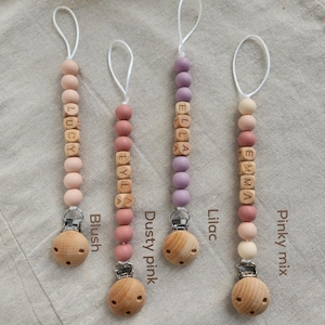 Personalized Pacifier Clip with baby name|Persoanlized Babyshower Gift|Pastel Babygirl Binky Holder|Wooden Babyboy Dummy Chain