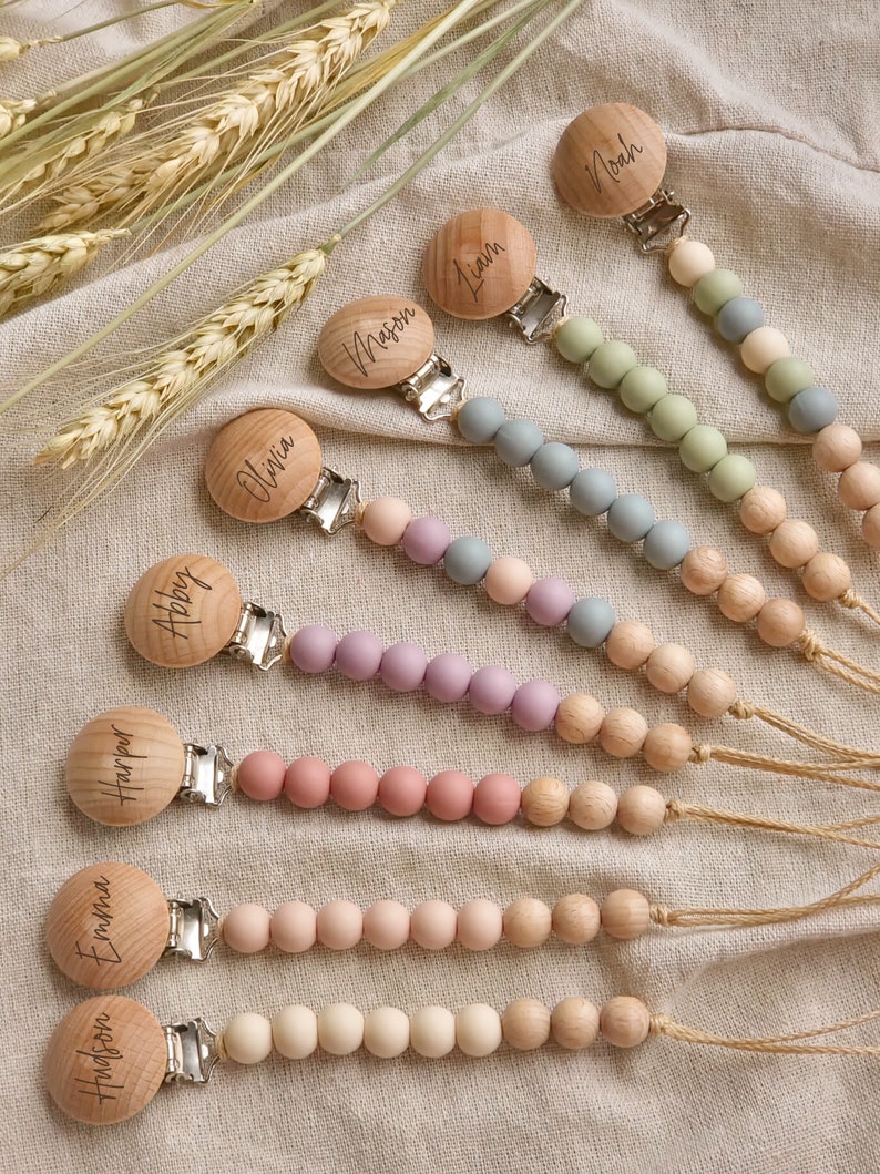 Personalized Pacifier Clip and Rattle set,Custom Baby shower Gift, pastel Babygirl Binky Holder,Wooden Babyboy Dummy Chain,Newborn Gift