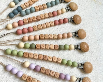 Personalized Pacifier Clip and Rattle set|Custom Baby shower Gift|Pastel Babygirl Binky Holder|Wooden Babyboy Dummy Chain|Newborn Gift