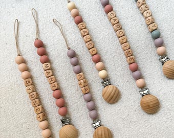 Personalized Pacifier Clip and Rattle set|Custom Baby shower Gift|Pastel Babygirl Binky Holder|Wooden Babyboy Dummy Chain|Newborn Gift