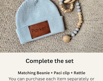 Personalized Pacifier Clip,Rattle & Beanie set|Custom Baby shower Gift|Pastel Babygirl Binky Holder|Wooden Babyboy Dummy Chain|Newborn Gift