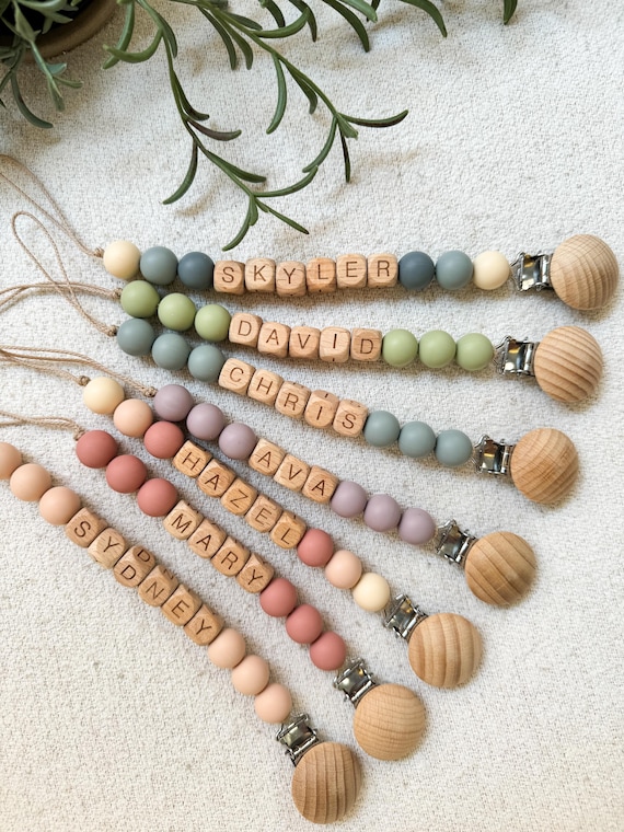 Personalized Pacifier Clip and Rattle set|Custom Baby shower Gift|Pastel Babygirl Binky Holder|Wooden Babyboy Dummy Chain|Newborn Gift