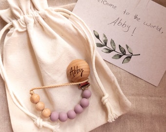 Personalized Baby Girl Pacifier Clip: Engraved Wood & Silicone