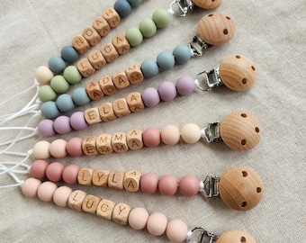 Personalized Pacifier Clip|Custom Soother Clip| Baby shower Gift|Pastel Babygirl Binky Holder|Wooden Babyboy Dummy Chain|Newborn Gift