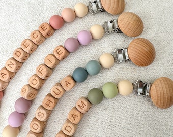 Personalized Pacifier Clip and Rattle set|Custom Baby shower Gift|Pastel Babygirl Binky Holder|Wooden Babyboy Dummy Chain|Newborn Gift
