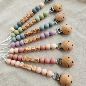 Personalized Pacifier Clip and Rattle setCustom Baby shower GiftPastel Babygirl Binky HolderWooden Babyboy Dummy ChainNewborn Gift image 1