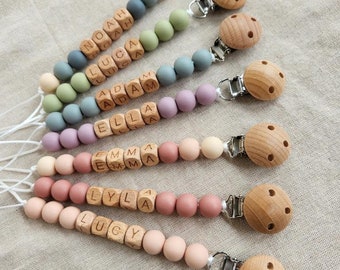 Personalized Pacifier Clip and Rattle set|Custom Baby shower Gift|Pastel Babygirl Binky Holder|Wooden Babyboy Dummy Chain|Newborn Gift