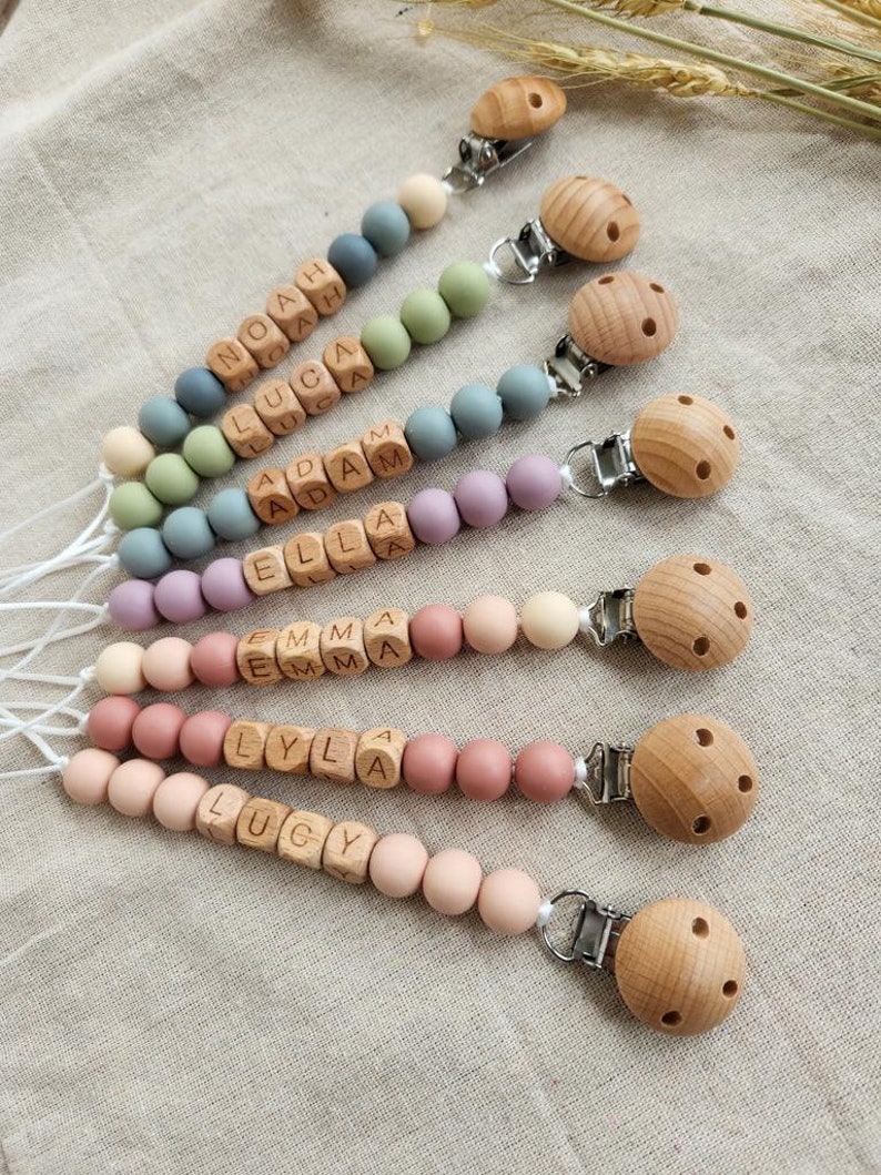 Personalized Pacifier Clip and Rattle setCustom Baby shower GiftPastel Babygirl Binky HolderWooden Babyboy Dummy ChainNewborn Gift image 1