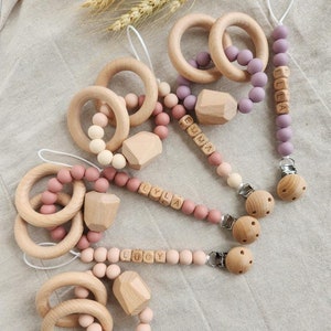 Regalo personalizado para baby shower/Clip para chupete de recién nacido personalizado/Porta chupetes de niña pastel/Cadena de madera para chupete de niño