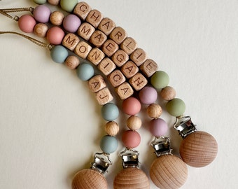 Customized Newborn Pacifier Clip|Persoanlized Babyshower Gift|Pastel Babygirl Binky Holder|Wooden Babyboy Dummy Chain