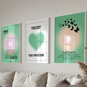 Set Of 3 Positive Luck Posters, Inspirational Wall Art, Spiritual Prints, 777 Lucky Number, Green Heart Colorful Aura Decor INSTANT DOWNLOAD