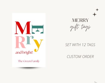 Etiquettes pour cadeaux de Noël personnalisées Papeterie personnalisée Lot de 12 étiquettes pour cadeaux colorées Cadeaux de Noël Papeterie familiale personnalisée étiquettes pour les fêtes