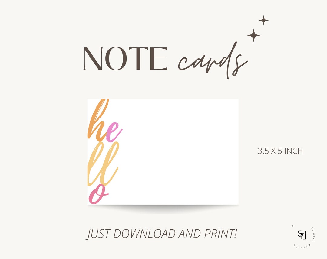 Hello Note Card Pink Hello Note Cards: Printable Stationery (PDF) - Etsy