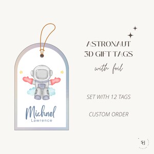 Etiquetas de presente 3D personalizadas, etiquetas de presente personalizadas, aquarela de astronauta, papelaria para crianças, etiquetas de presente para crianças, etiquetas de presente de astronauta, conjunto de 12
