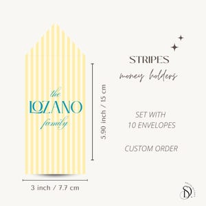May include: A yellow and white striped money holder with the text "the LOZANO family" in teal. The holder is 3 inches wide and 5.90 inches tall. The image also includes the text "STRIPES money holders" and "SET WITH 10 ENVELOPES".