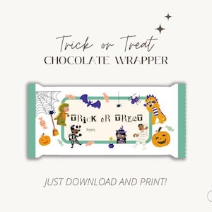 Trick or Treat Candy Bar Wrapper, Halloween Treat Bag Topper, Halloween Printable, Halloween Party Favors, Printable Chocolate Wrappers
