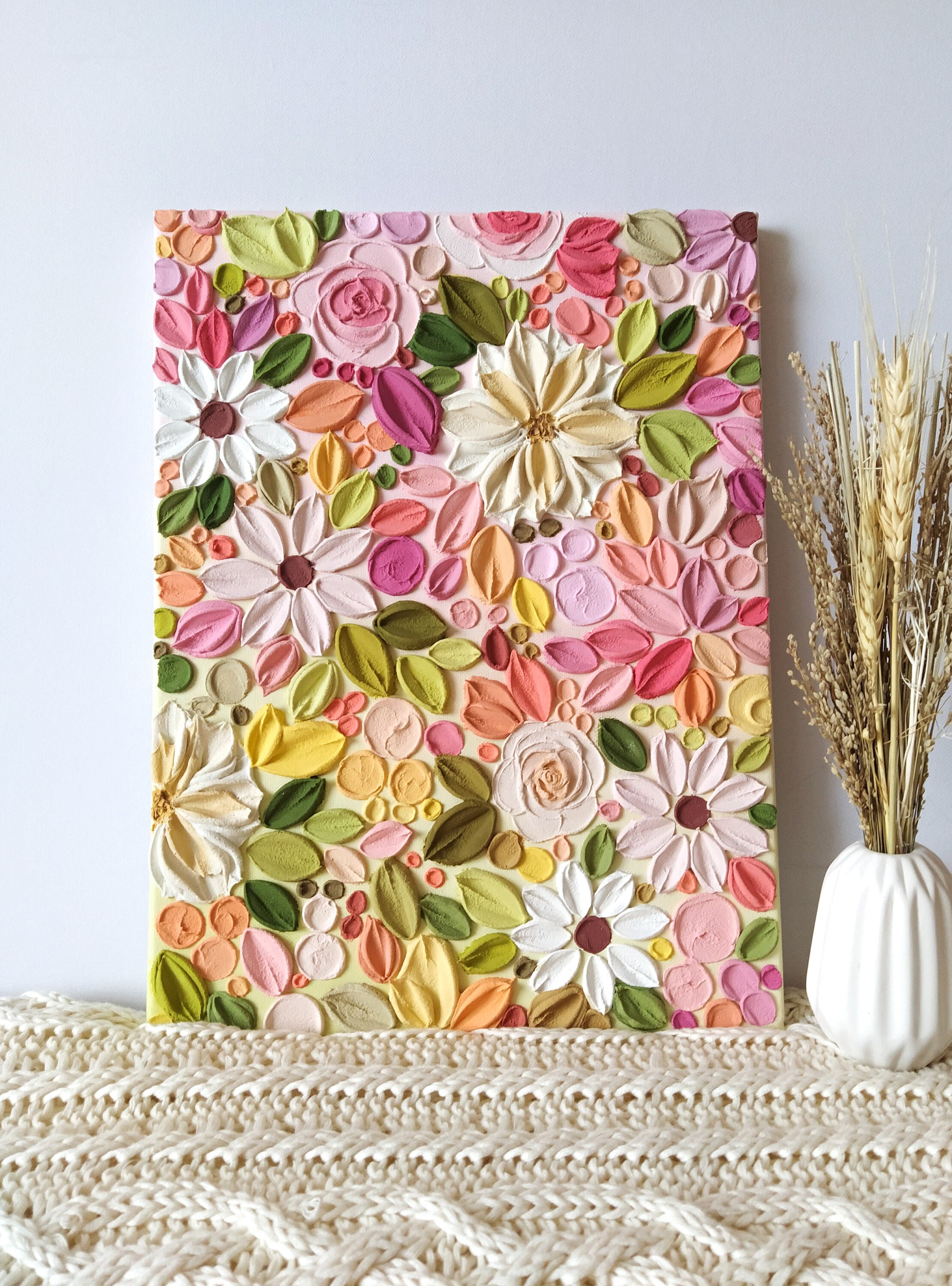 Textured Blooming Painting. Texture Spring Floral Art. 3D Flower