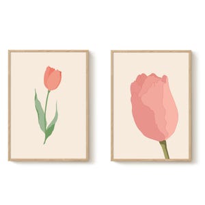 Pink Tulip Wall Art Prints Set of 2, Minimalist Botanical Decor