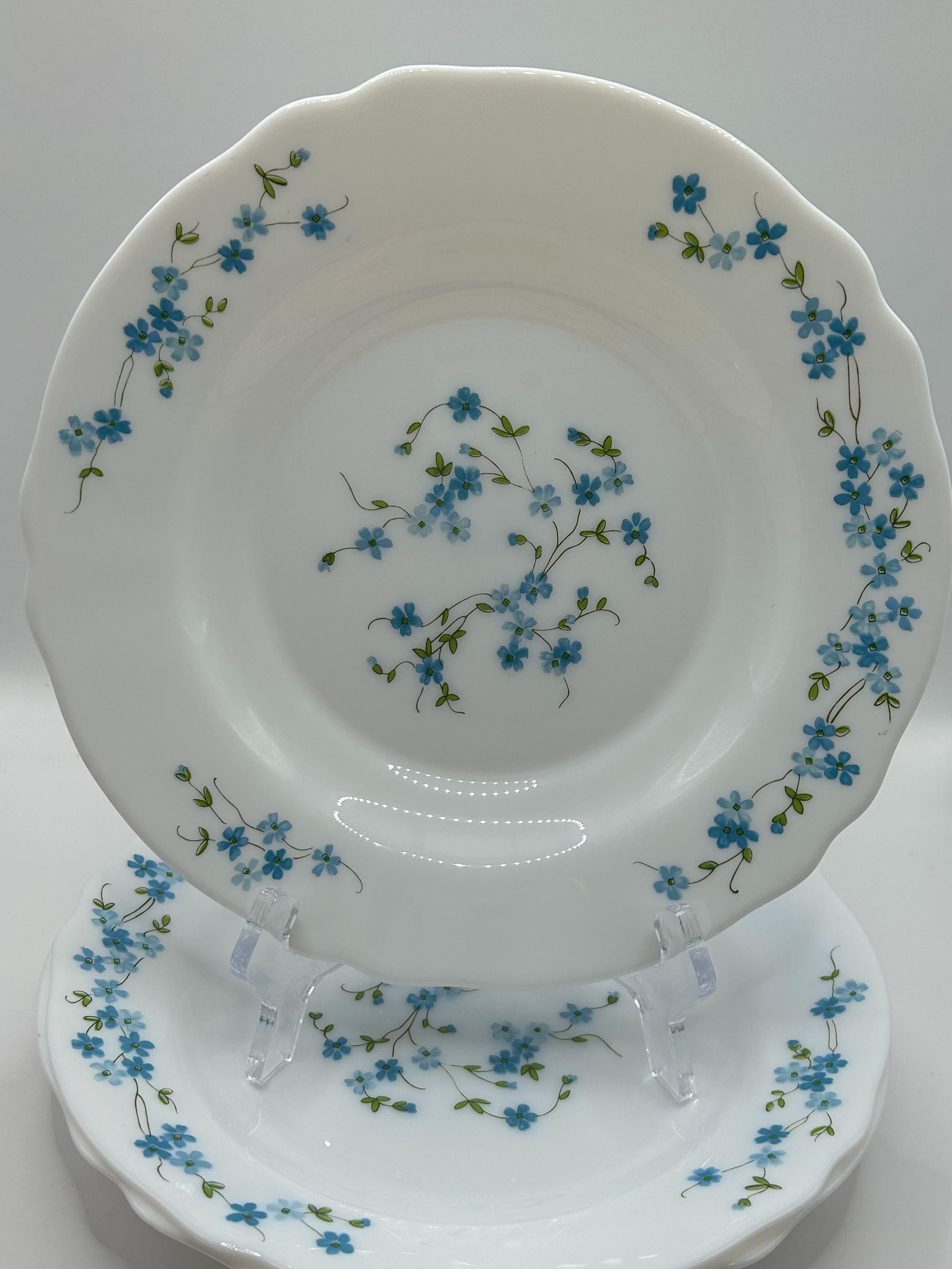 Lot De 3 Ramequins Vintage Arcopal, Motif Myosotis, Bleu, En Opaline