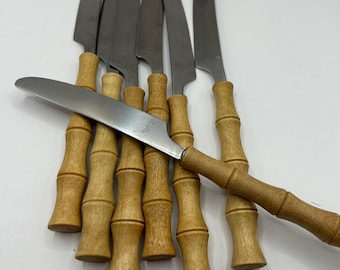 Vintage Set of 7 Bamboo Handled Stainless Steel Serrated Knives, Taiwan
