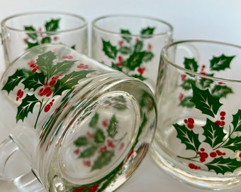 Vintage set of 4 Indiana glass Holly glasses mugs bar ware Christmas