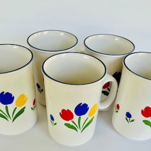Set Of 5 Vintage Tulip Tyme Floral Mugs Made In Japan Circa 1980s