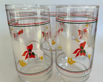 Vintage Set of 5 Indiana Glass Vintage Christmas Country Goose Drinking Glasses