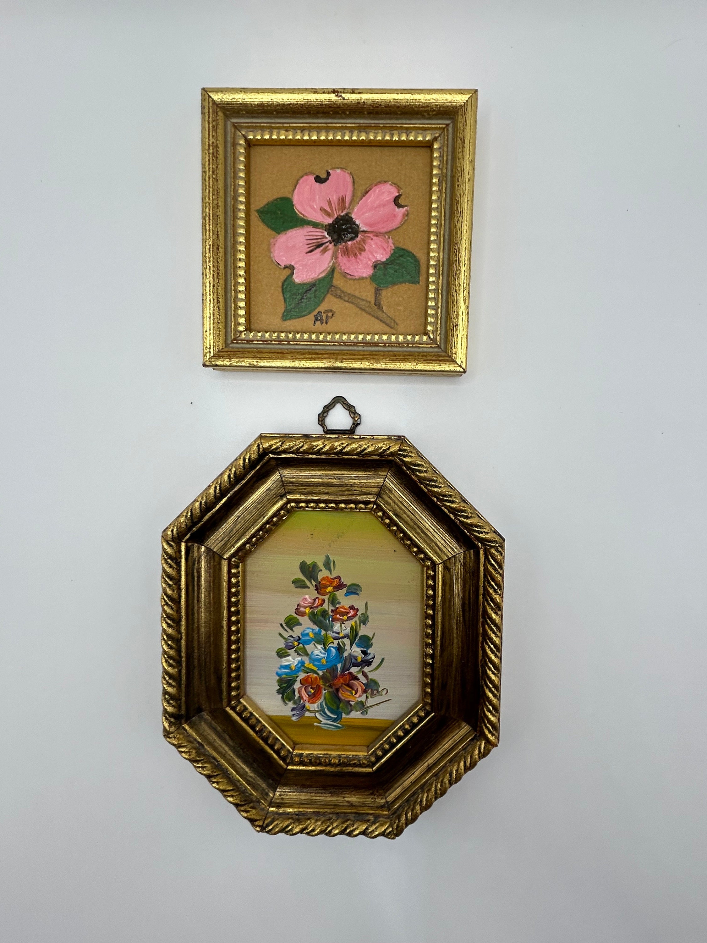 Vintage Mini Handpainted Art Work With Gold Toned Ornate Frames Set of ...