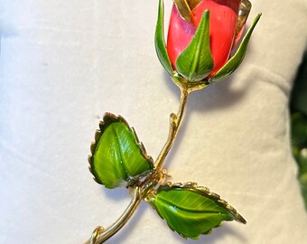 Vintage Pink Rose Enameled Brooch Pin With Green Leaves and